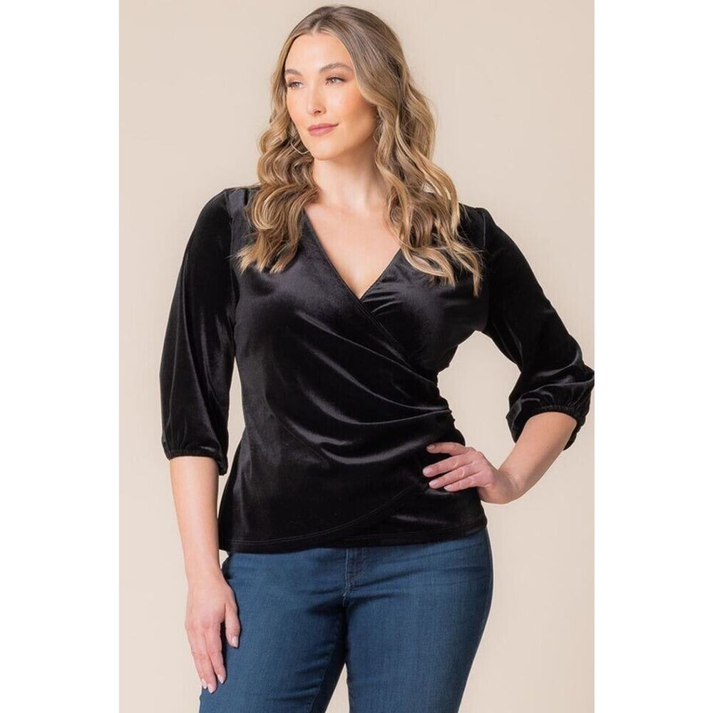 Kiyonna Black Top Velvet Odette Style 2X Faux Wrap Whimsigoth Lantern Sleeves